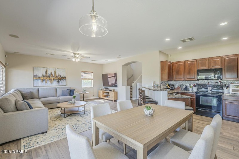 Dining Room, Living Room, and Kitchen