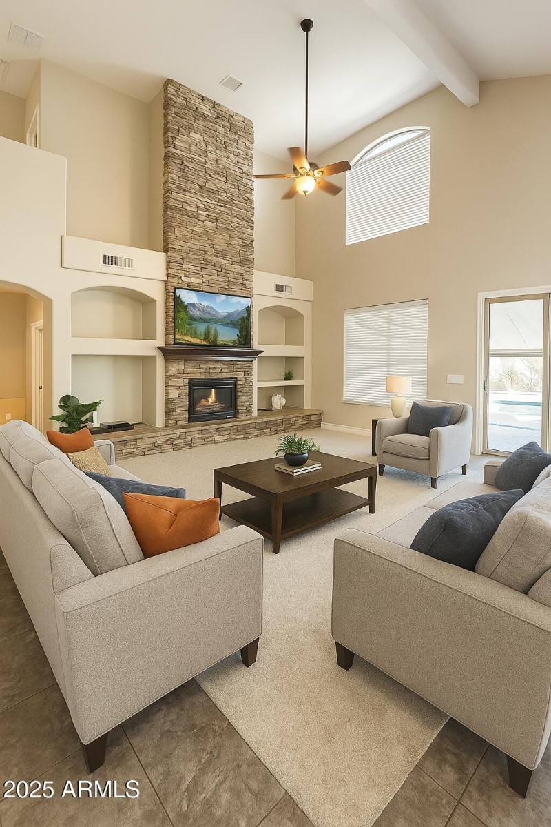 Spacious Living Room with Fireplace