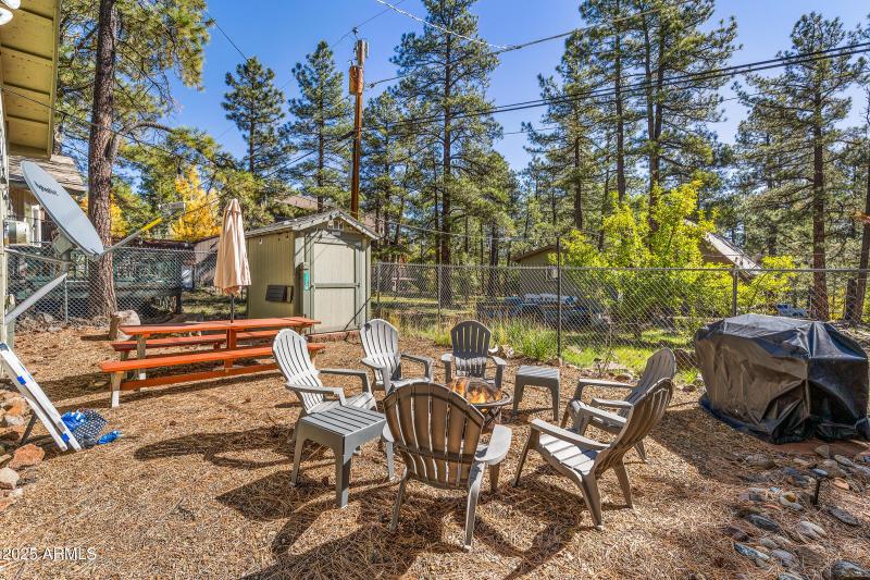 Firepit, gathering area and shed