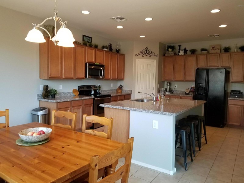 kitchen opens to dining room