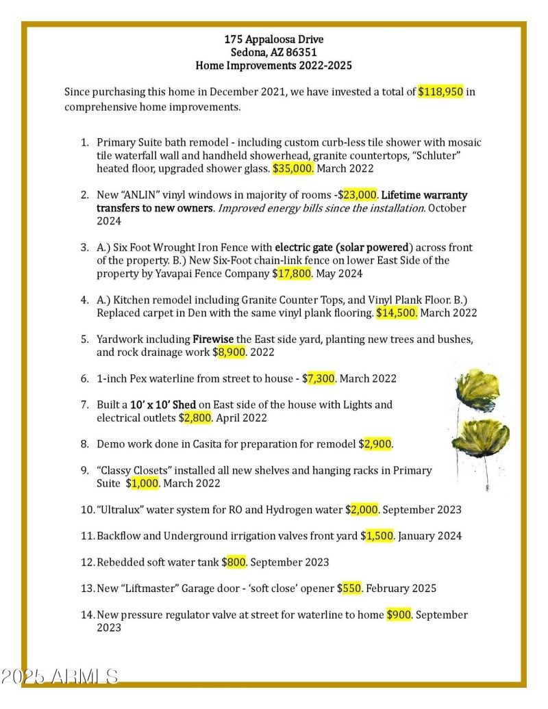 175 Appaloosa Dr. List of Improvements 2