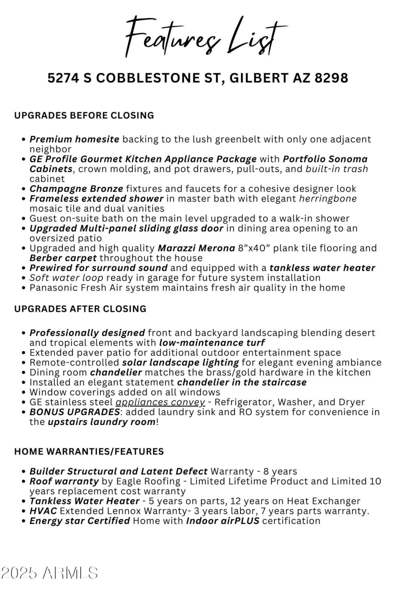 Homes Features List/Upgrades