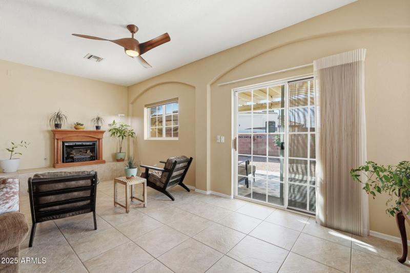 Fireplace & exit to patio