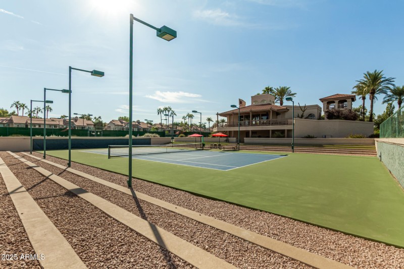 Tennis court and clubhouse