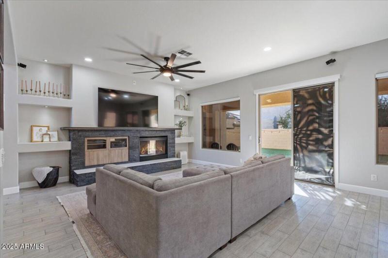 Stone fireplace with quartz hearth