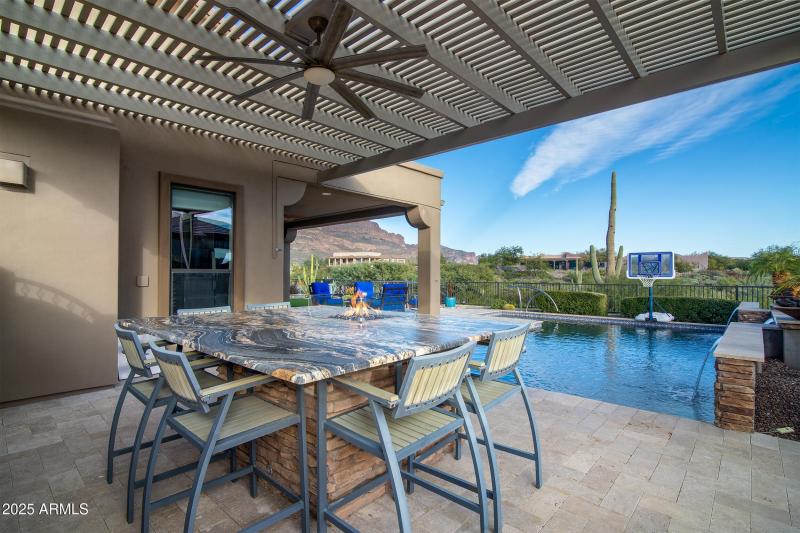 Granite island with gas fireplace