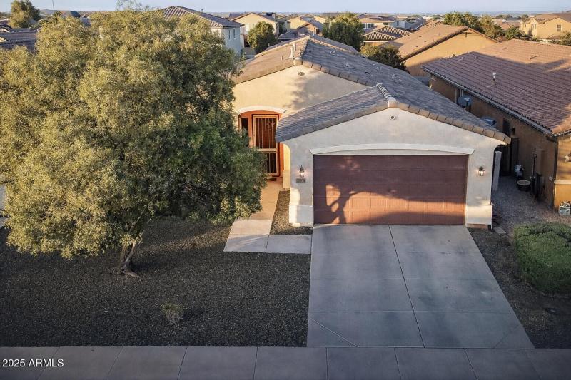 Suburban house at sunset with greenery