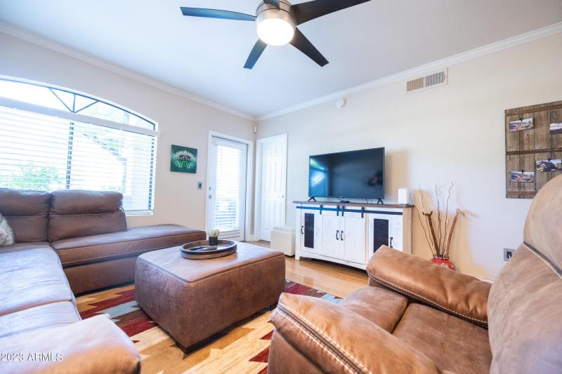 living room with tv, pull out sofa