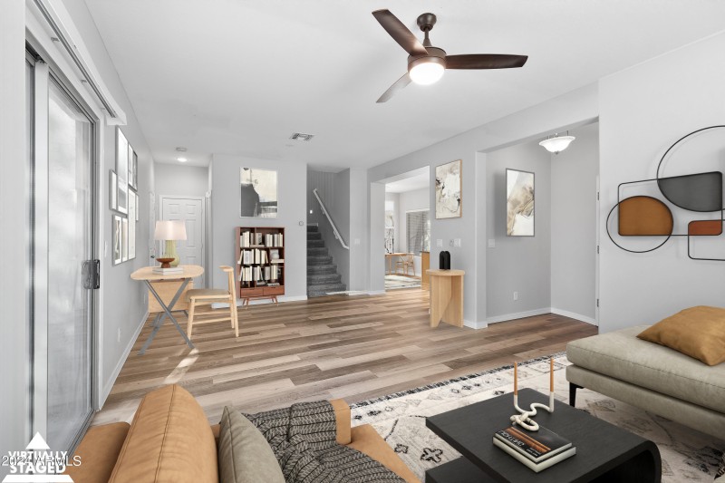 Living rm, Kitchen and stairs staged