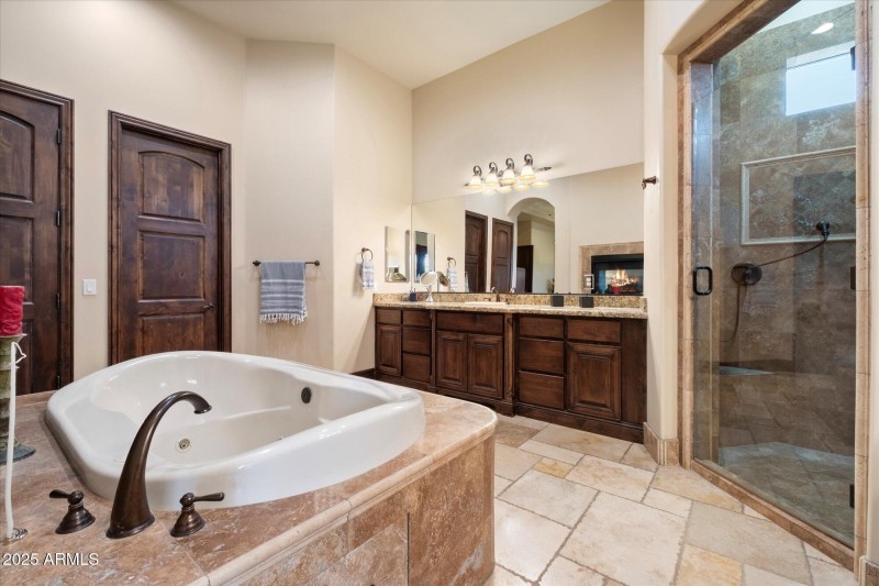 Travertine Shower & Dual Vanities