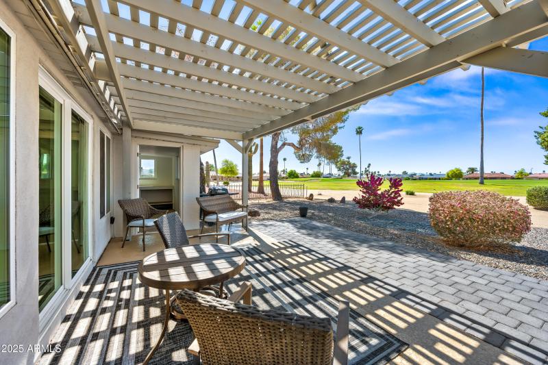 View from yard with pergola