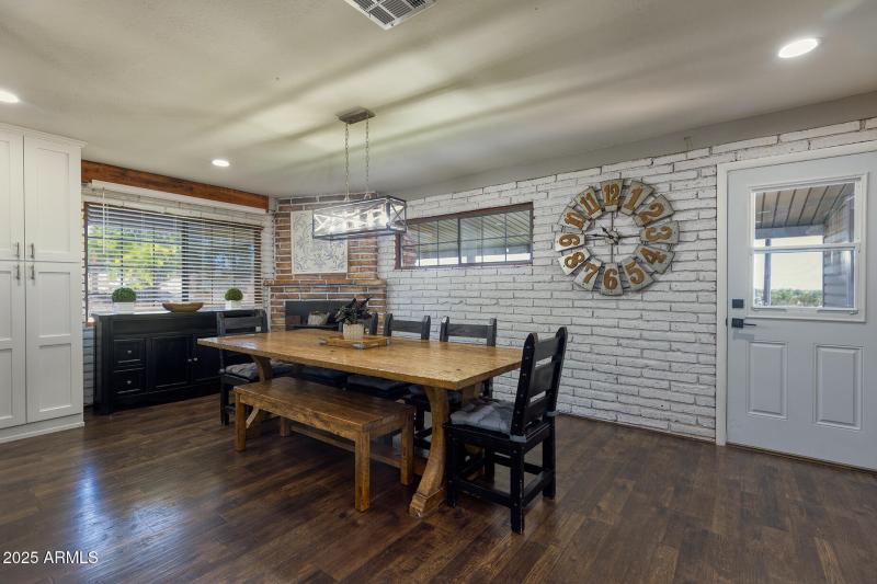 Dining room with wood fireplace