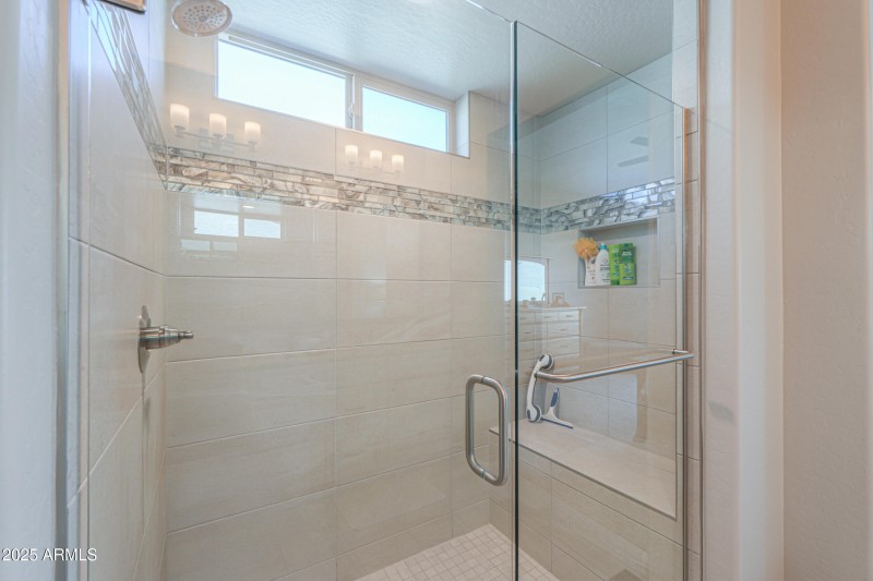 Master tiled shower bench