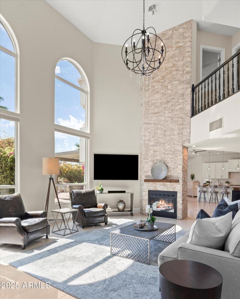 Stone fireplace in living room