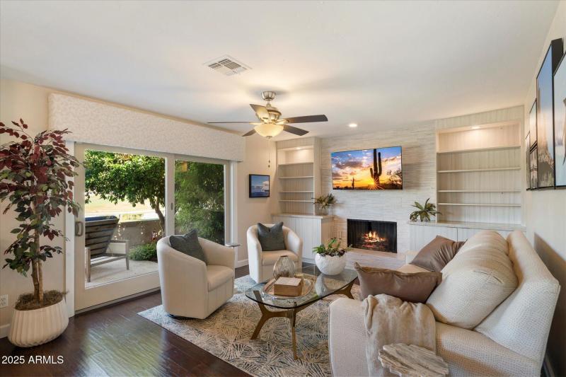 Gas fireplace & natural stone wall