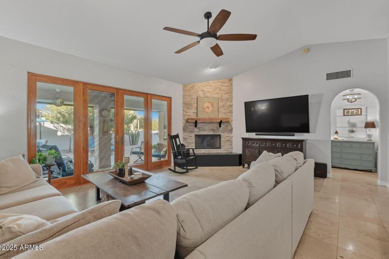 Stacked stone wood burning Fireplace