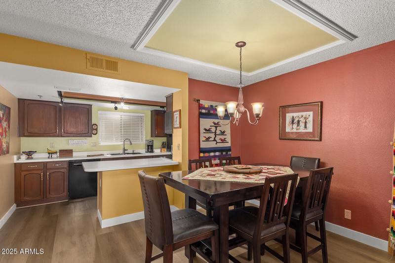 Kitchen overlooks dining area