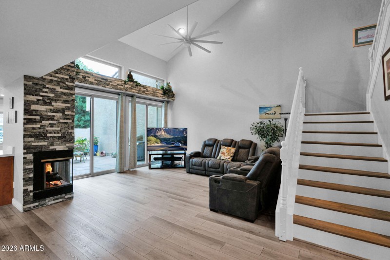 Great Room w Gas Fireplace / Stone Wall