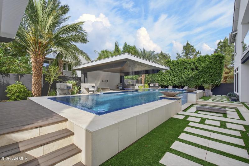 Pool with patio and artificial turf