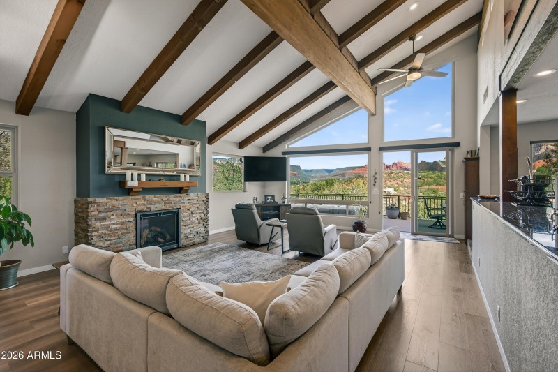 Great Room with Open Beamed Ceilings