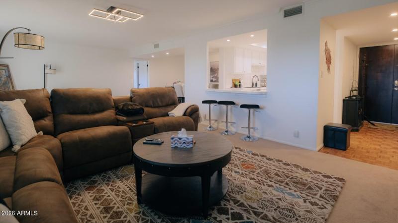 Living room with kitchen view