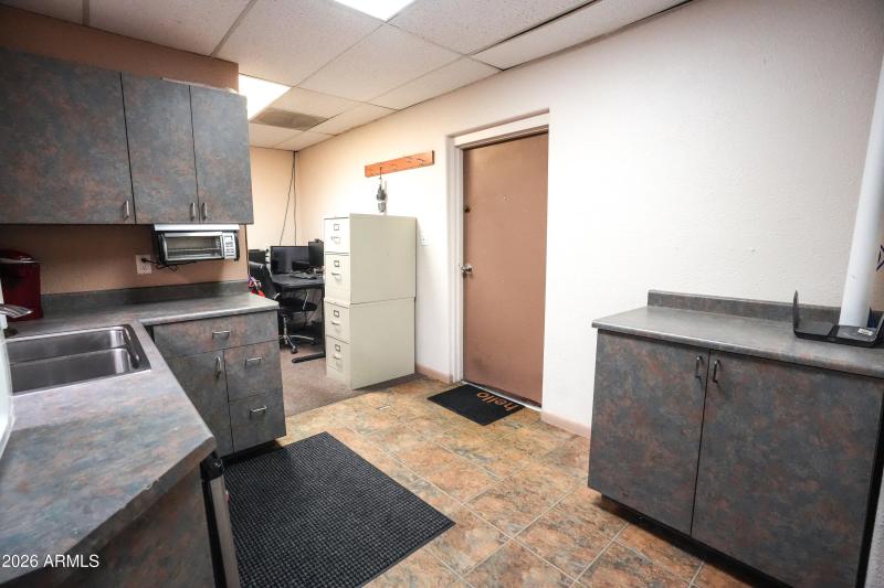 Kitchenette, rear door file cabinet