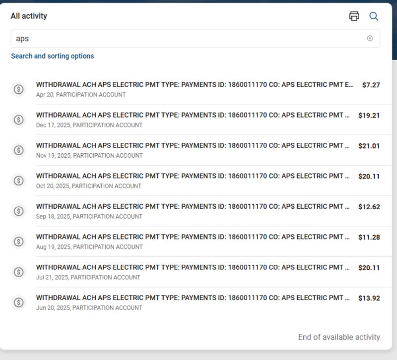 APS Electric Bill Payment History