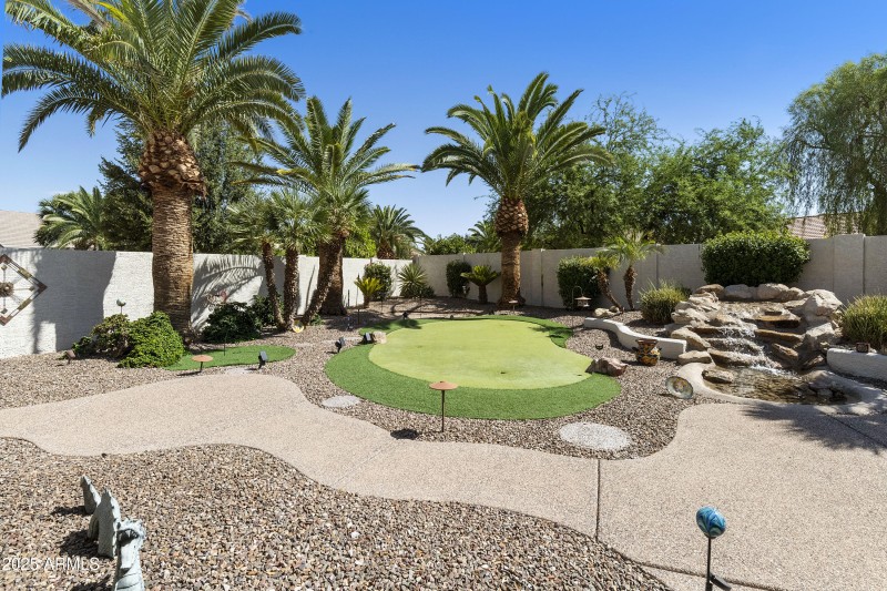 Backyard putting green and waterfall