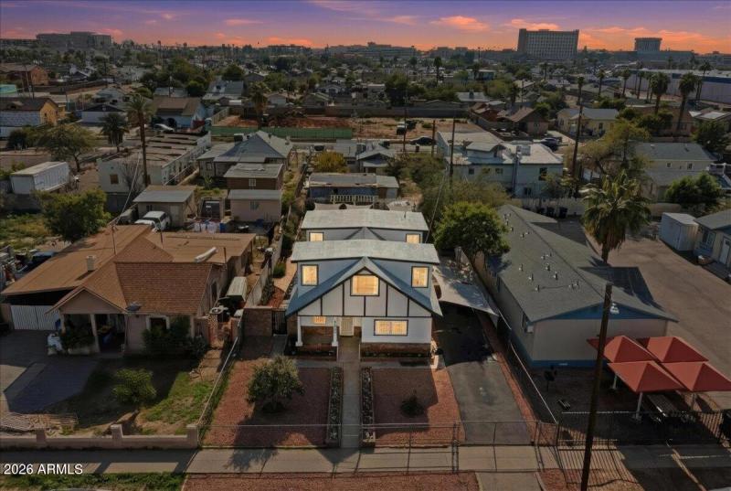 Aerial front of home twilight