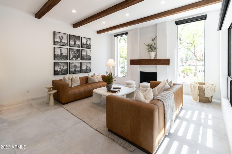 Wood Beam Ceilings & Gas Fireplace