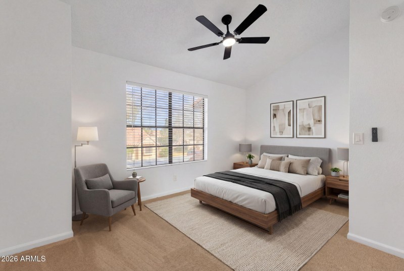 Staged primary master bedroom